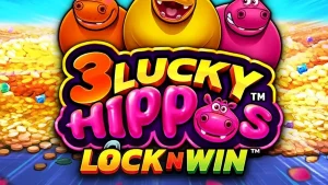 Tampilan visual slot 3 Lucky Hippos dengan tema hewan yang ceria