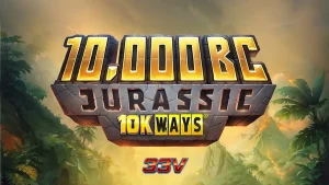 Tampilan visual slot 10,000 BC Jurassic 10K Ways dengan latar belakang dinosaurus.