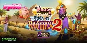 Tampilan visual slot Piggy Prizes Wish of Riches 2 dengan tema genie dan celengan babi