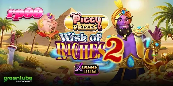 Tampilan visual slot Piggy Prizes Wish of Riches 2 dengan tema genie dan celengan babi